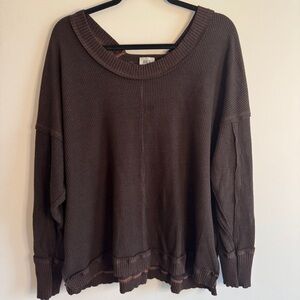 BKE Brown Waffle Knit Thermal Top Distressed Hem XXL